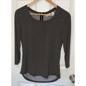 Chico's High Low‎ Polka Dot Top Women’s Black w/Tan Dots Zip Back 3/4 Sleeve XS